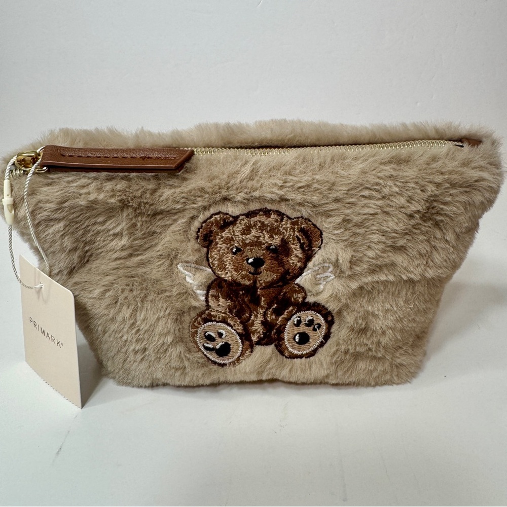 NWT. Primark Teddy Bear Faux Fur Cosmetic Bag zipper pouch